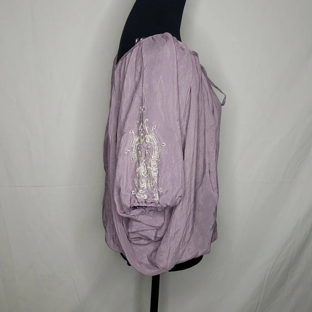 Gemstone Boat Neck Embroidered Lantern Long Sleeves Blouse Top Size M Bohemian